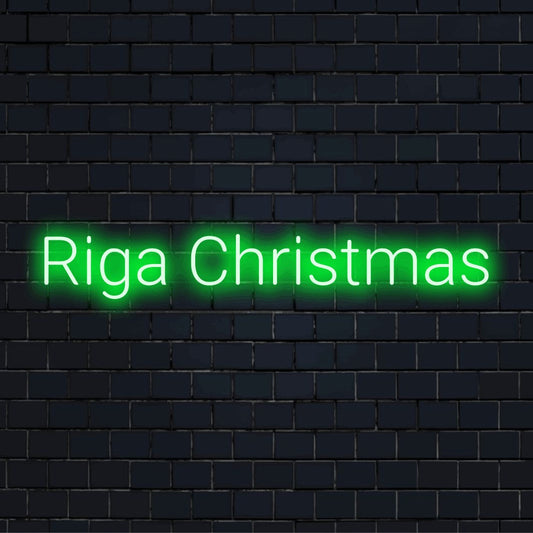 Riga Christmas Neon Sign, soft neon glow on black brick background