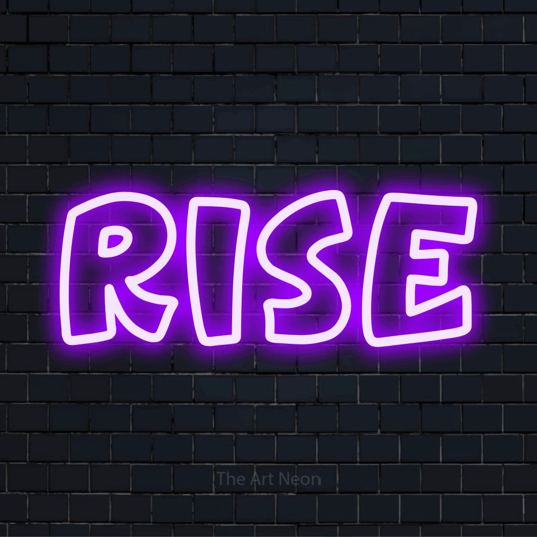 "Rise" neon text design on a black brick wall