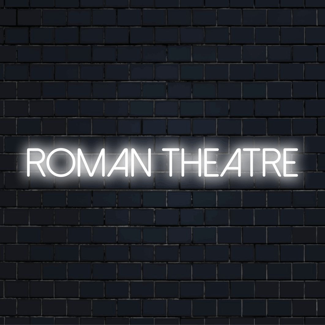Roman Theatre LED Neon Sign, bright LED glow against black brick wall