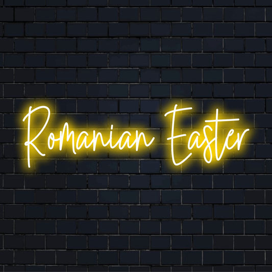 Romanian Easter Neon Sign, soft neon glow against black brick wall