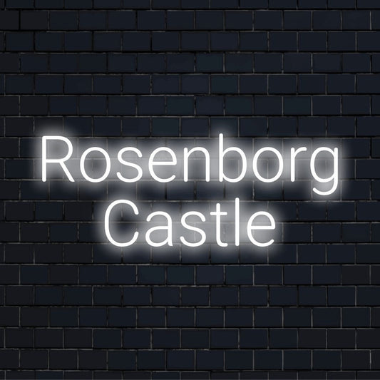 Rosenborg Castle Neon Sign, neon text light on dark brick wall