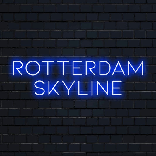 Rotterdam Skyline Neon Sign, glowing lettering on dark brick background