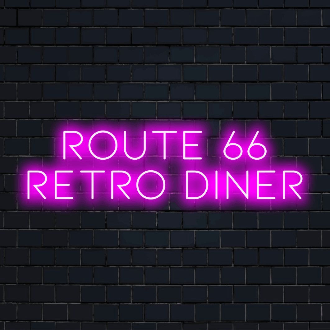 Route 66 Retro Diner Neon Sign, neon text light on dark brick wall