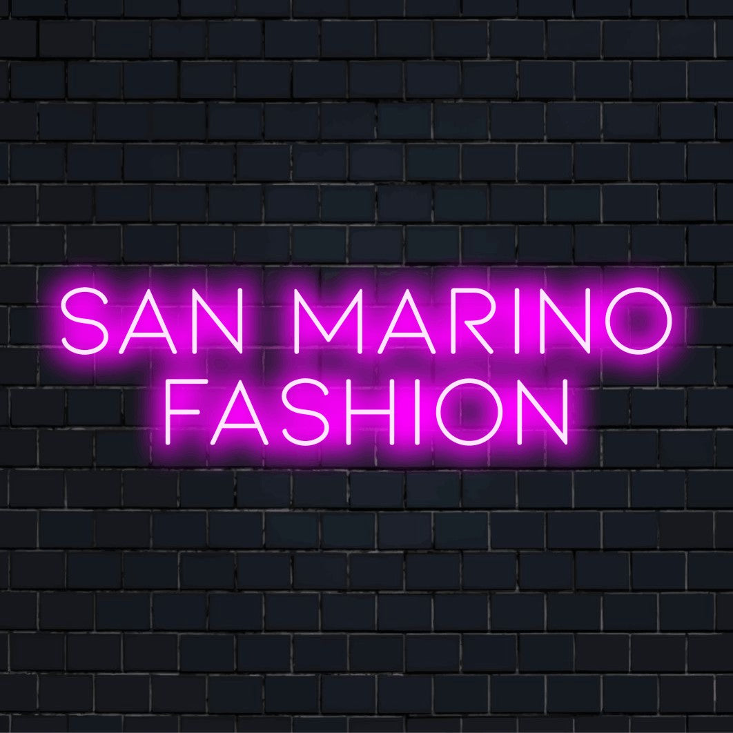 San Marino Fashion Neon Light with soft neon glow on dark brick background