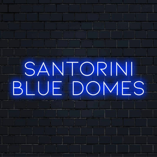 Santorini Blue Domes LED Neon Sign, bright LED glow on dark brick background