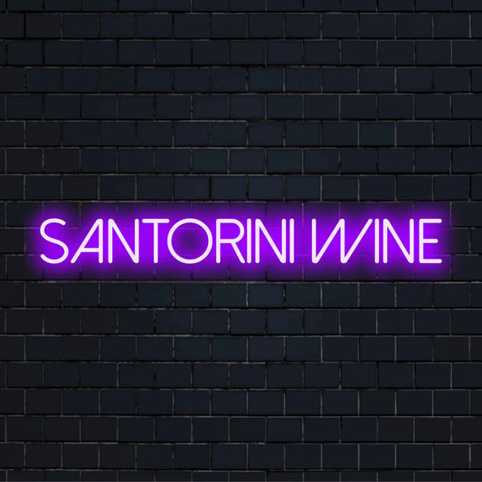 Santorini Wine Neon Light with neon text light on dark brick background
