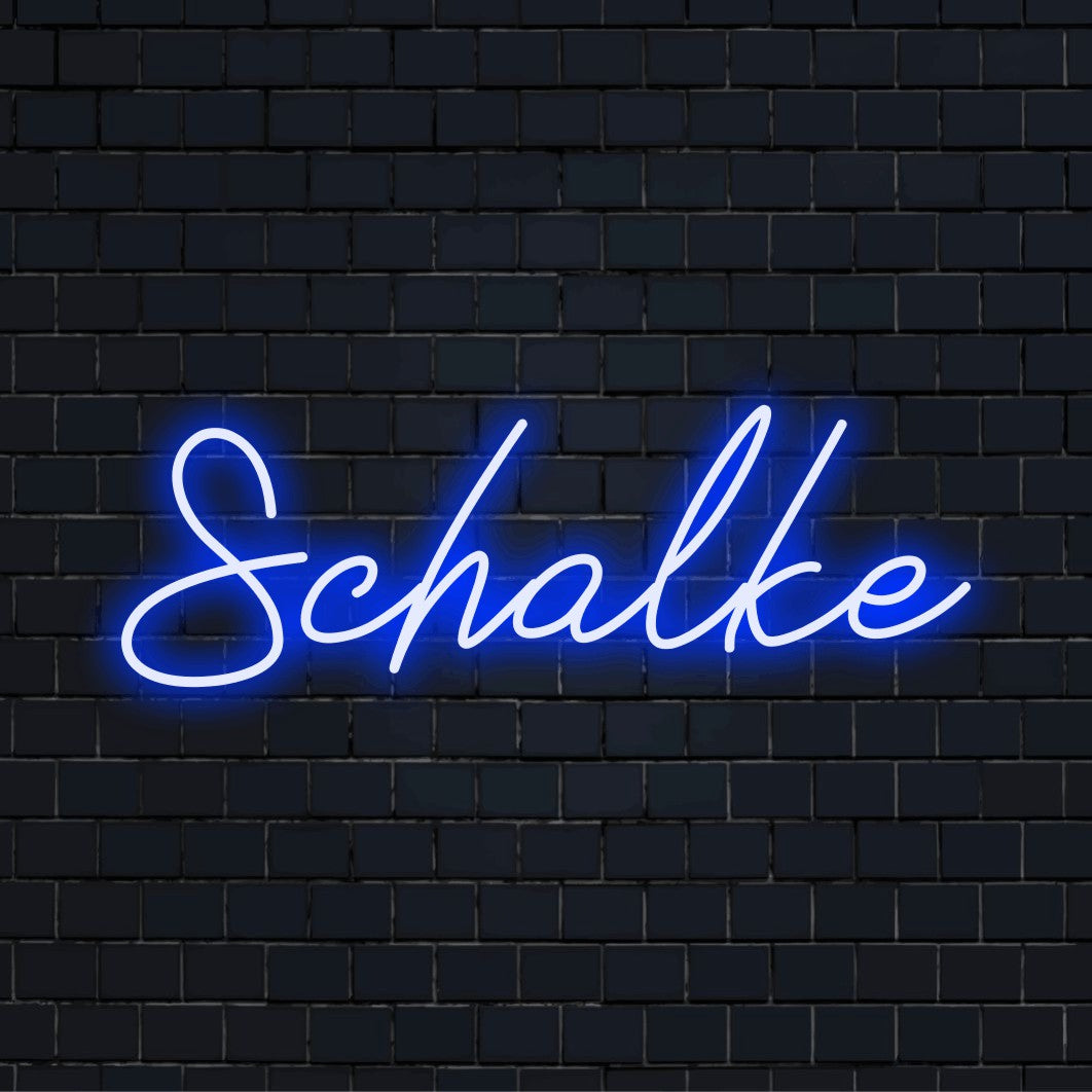Schalke LED Neon Sign, bright neon lettering against brick backdrop