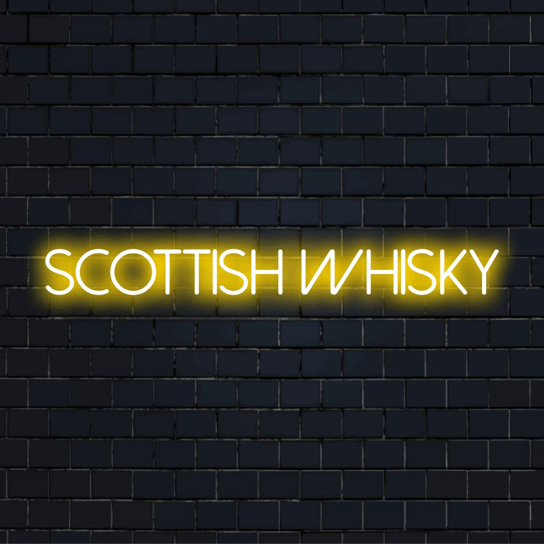 Scottish Whisky Neon Sign, glowing lettering against black brick wall