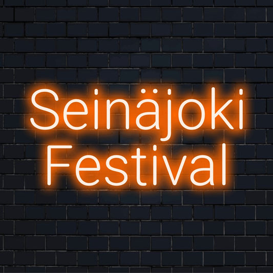 Seinajoki Festival LED Neon Sign, bright LED glow on black brick background