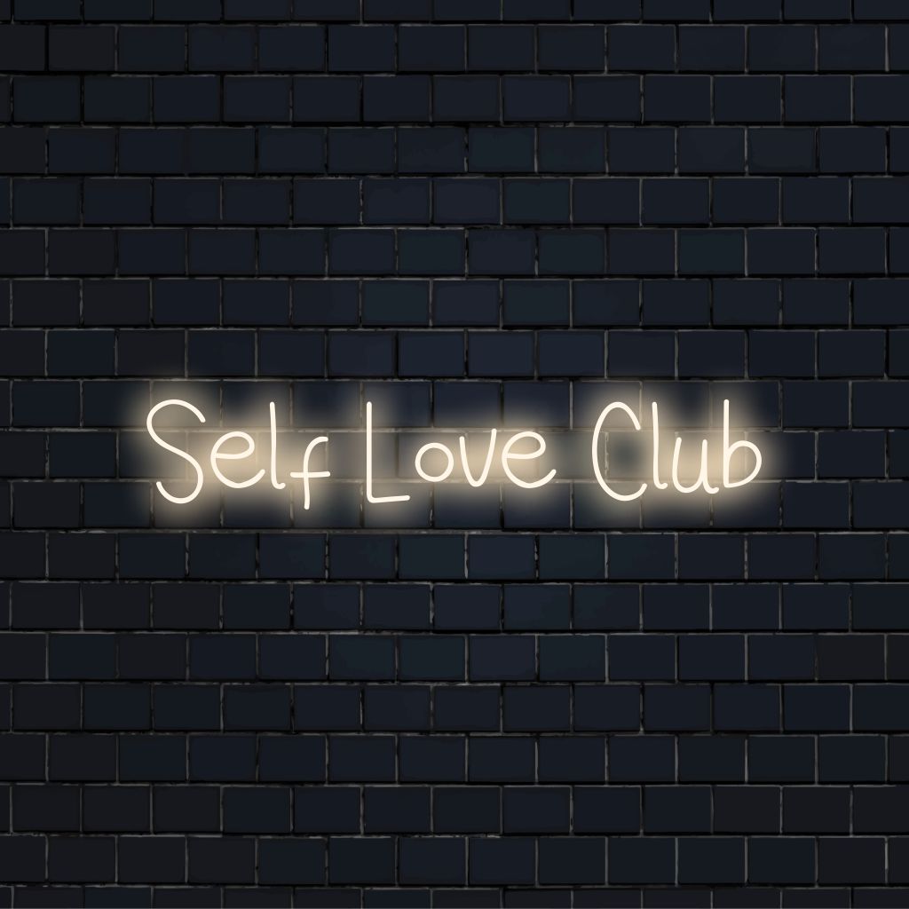Self Love Club Neon Sign, bright neon glow on dark brick background