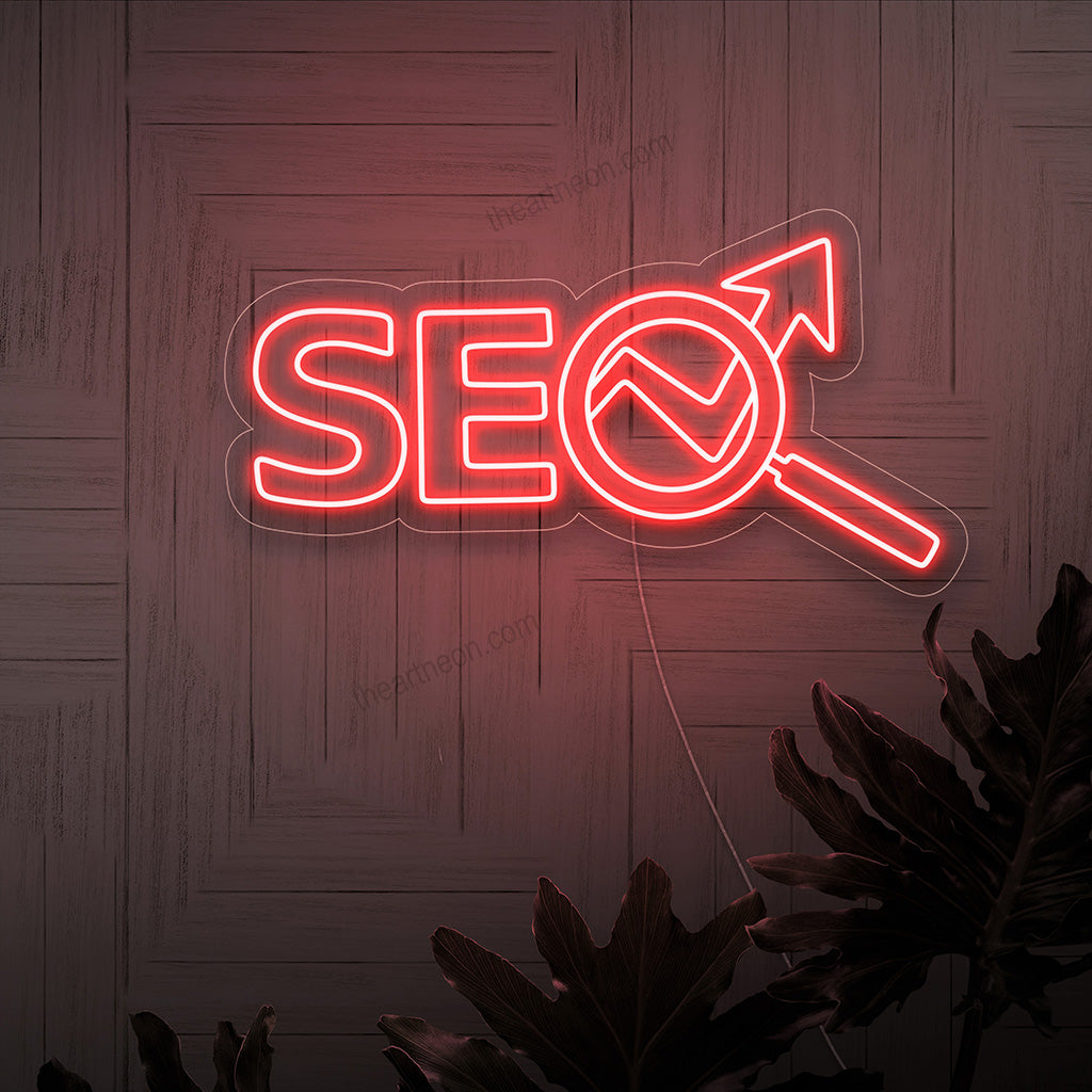 Handgjorda SEO neonskyltar, en symbol för digital marknadsföring och webbplatsoptimering, perfekt för inredning av onlineföretag.
