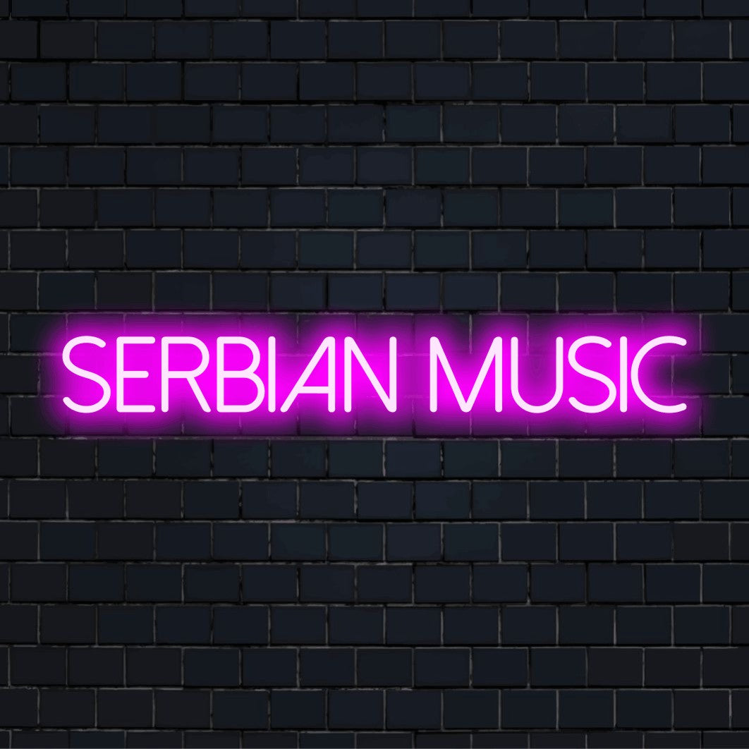 Serbian Music Neon Light with glowing lettering against black brick wall