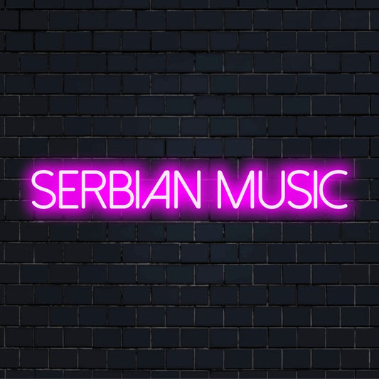 Serbian Music Neon Light with glowing lettering against black brick wall