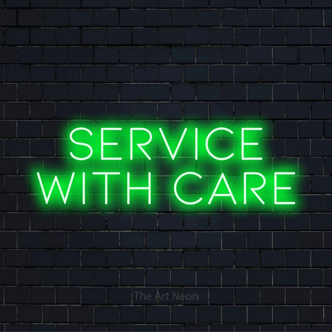 "Service With Care" neon text design on a black brick wall