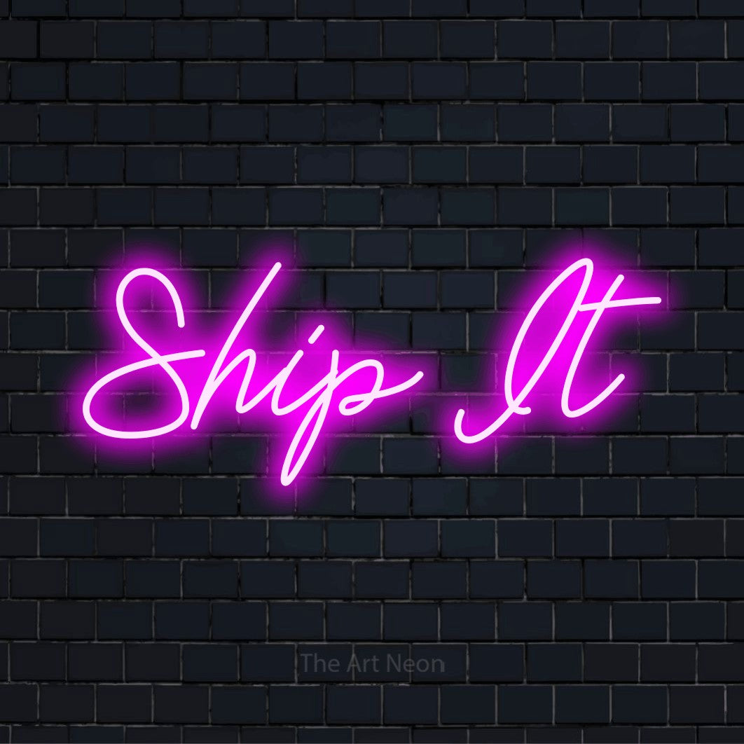 "Ship It" text design with neon effect on a black brick wall