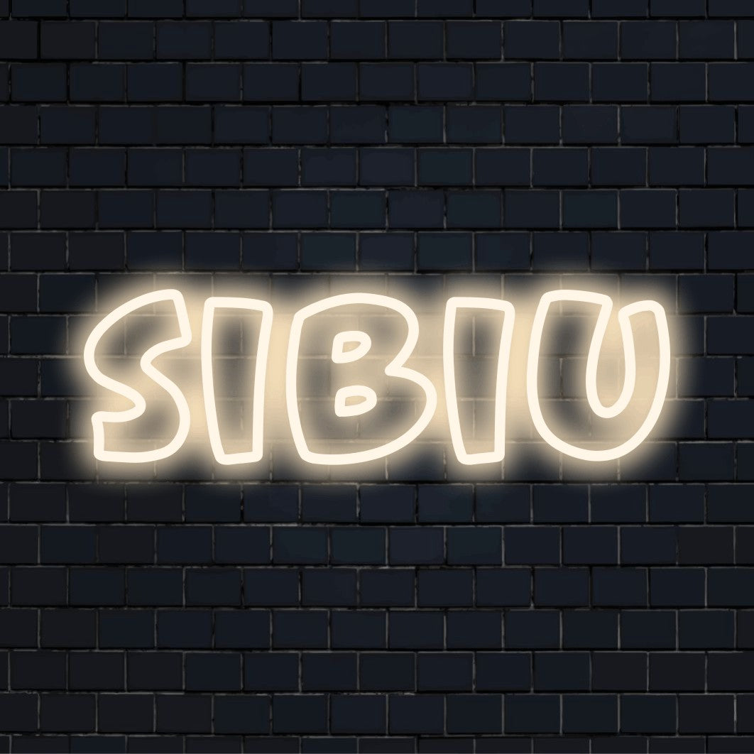 Sibiu Neon Sign, bright LED glow against brick backdrop