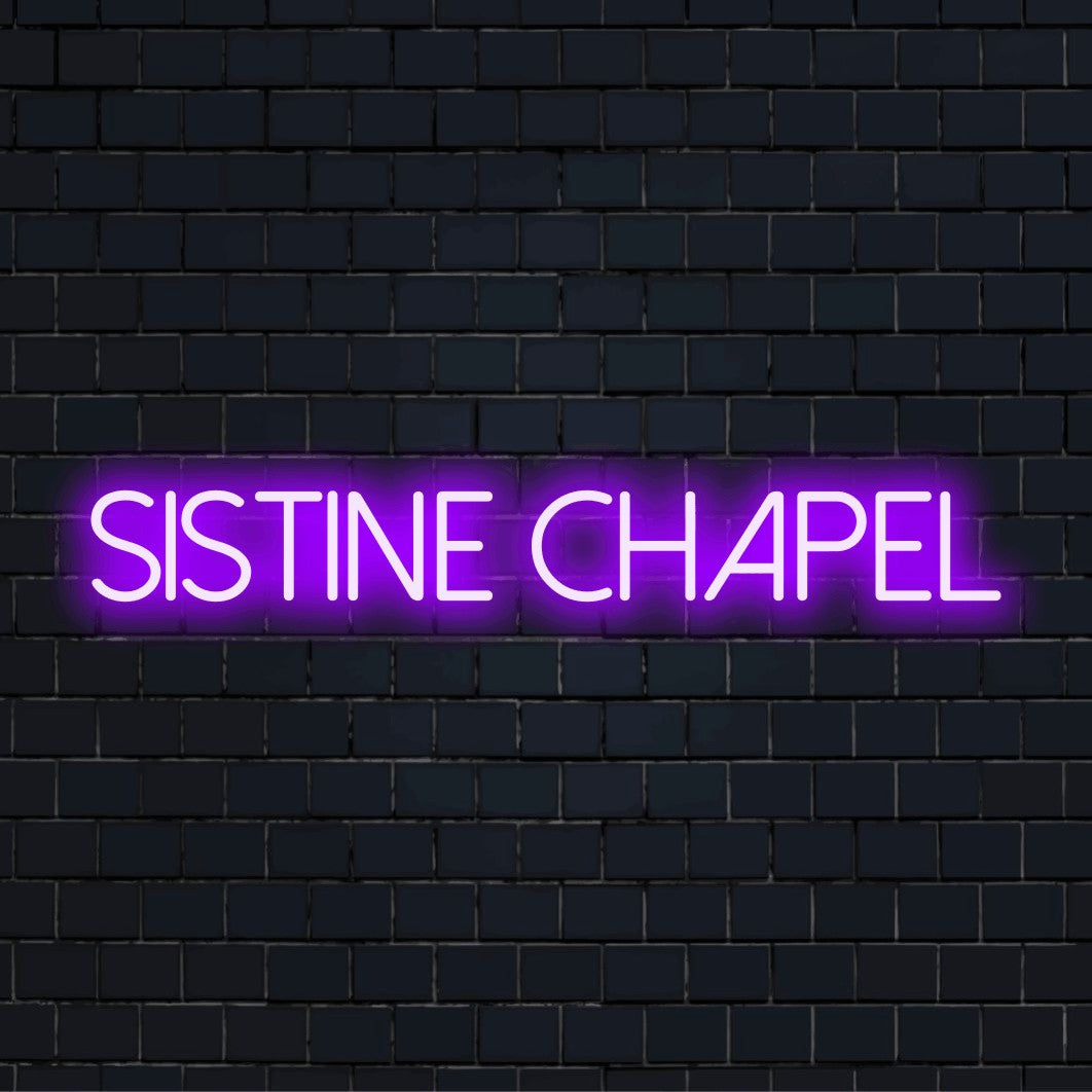 Sistine Chapel LED Neon Sign, neon text light against brick backdrop