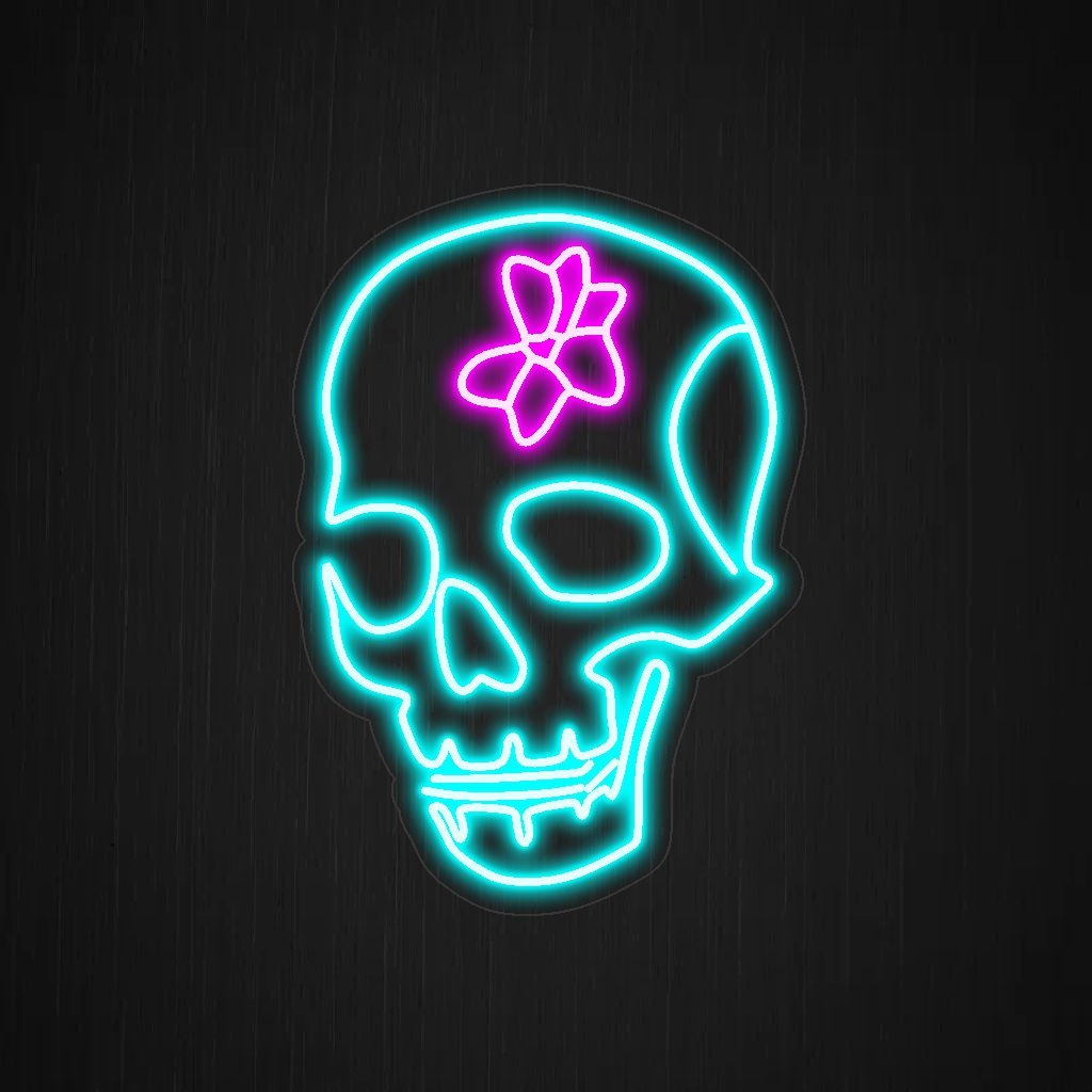 dödskalle med blomma på huvudet neonskylt, en fängslande blandning av blommiga och alternativa element