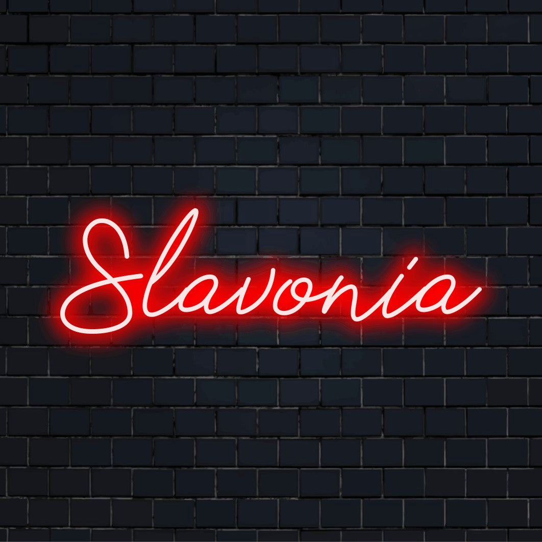 Slavonia Neon Light with bright neon lettering on dark brick background