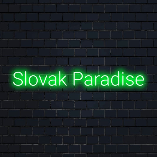 Slovak Paradise LED Neon Sign, neon text light against black brick wall