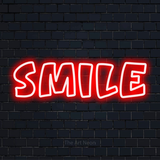 "Smile" neon text design on a black brick wall