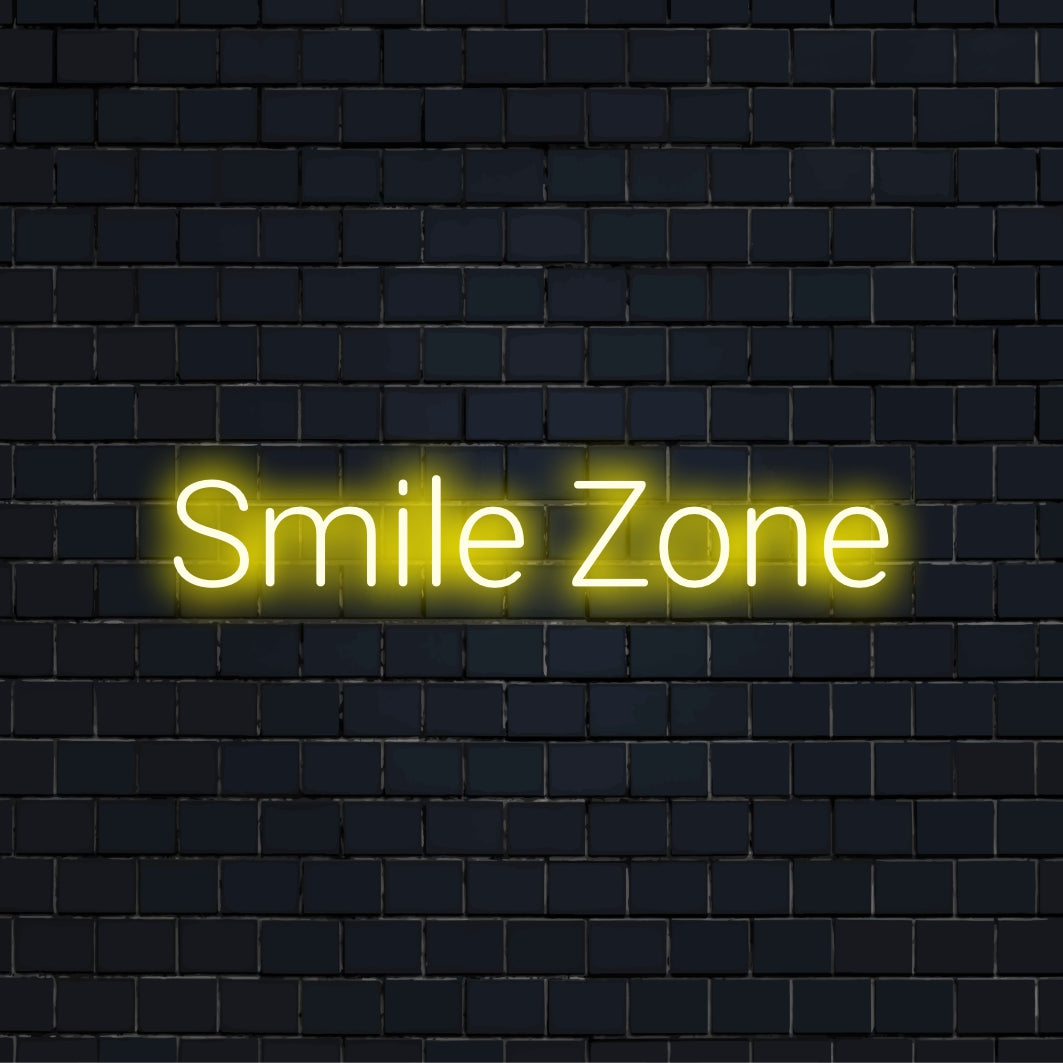 Smile Zone Neon Light with bright neon glow on dark brick wall