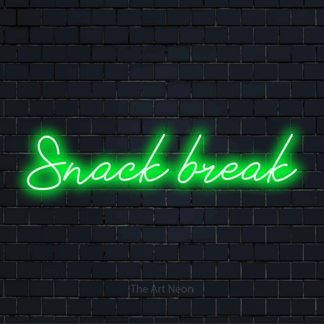 "Snack Break" text design with neon effect on a black brick wall