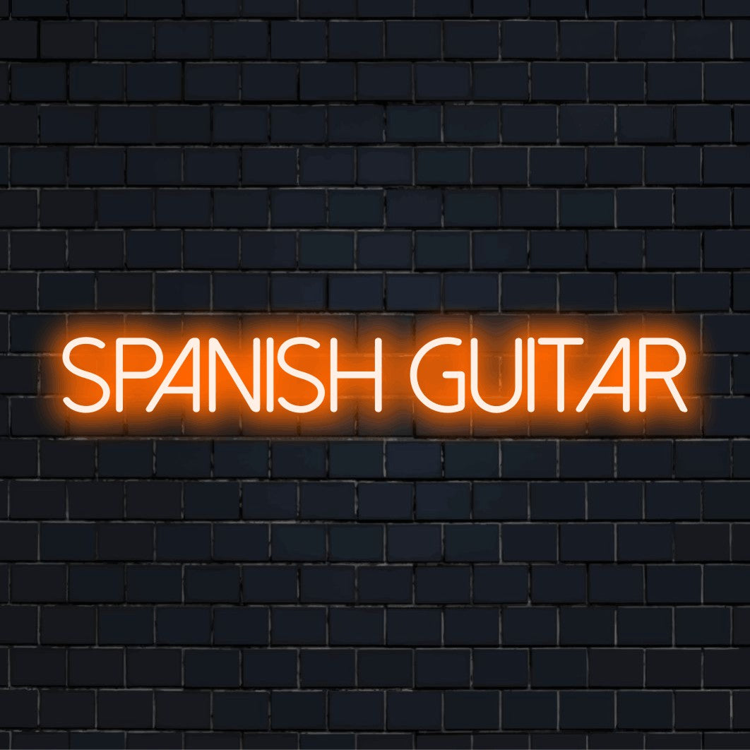 Spanish Guitar Neon Sign, glowing wall decor against brick backdrop