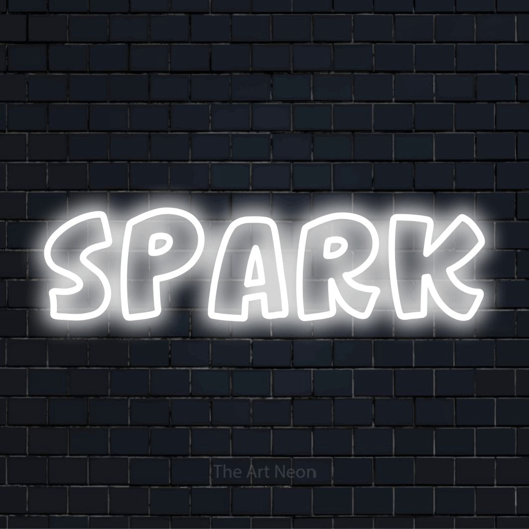 "Spark" neon text design on a black brick wall