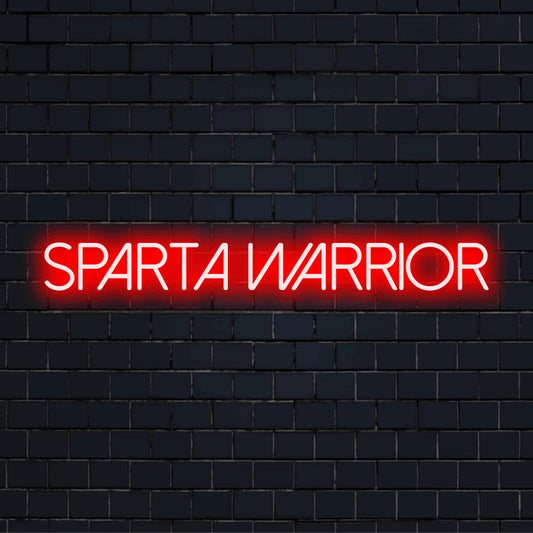 Sparta Warrior Neon Sign, glowing neon text against black brick wall