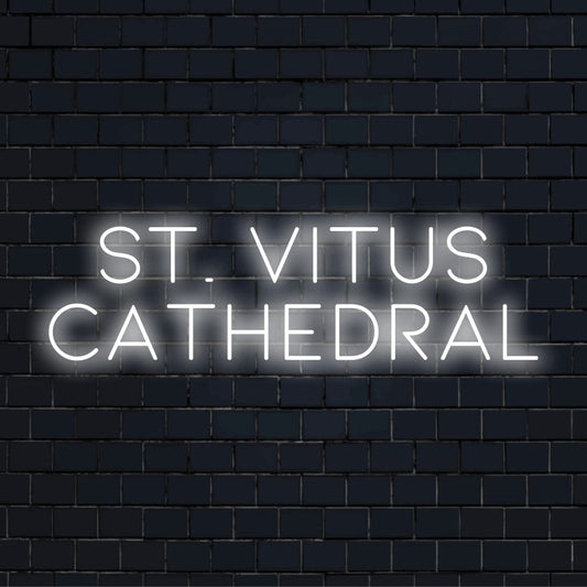 St Vitus Cathedral Neon Light with bright LED glow on dark brick background
