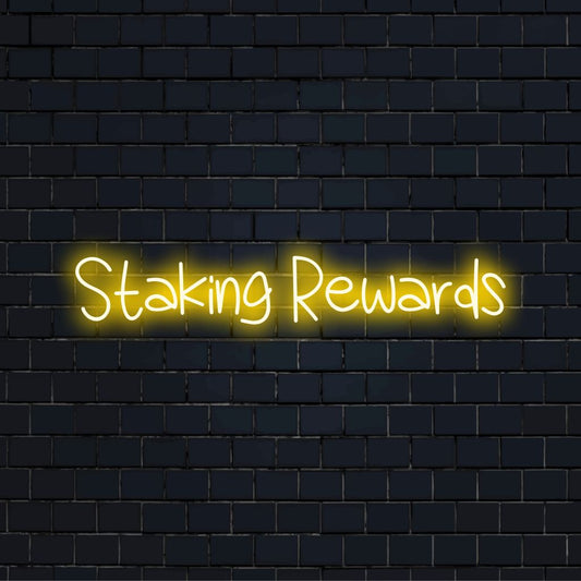 Staking Rewards Neon Sign, bright LED glow on dark brick wall