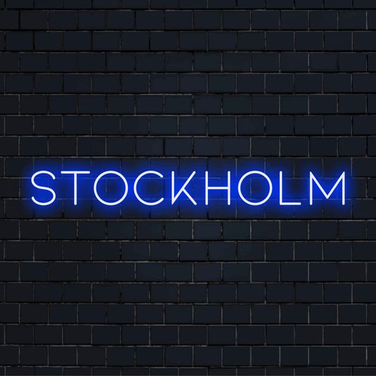 Stockholm LED Neon Sign, bright LED glow on dark brick background