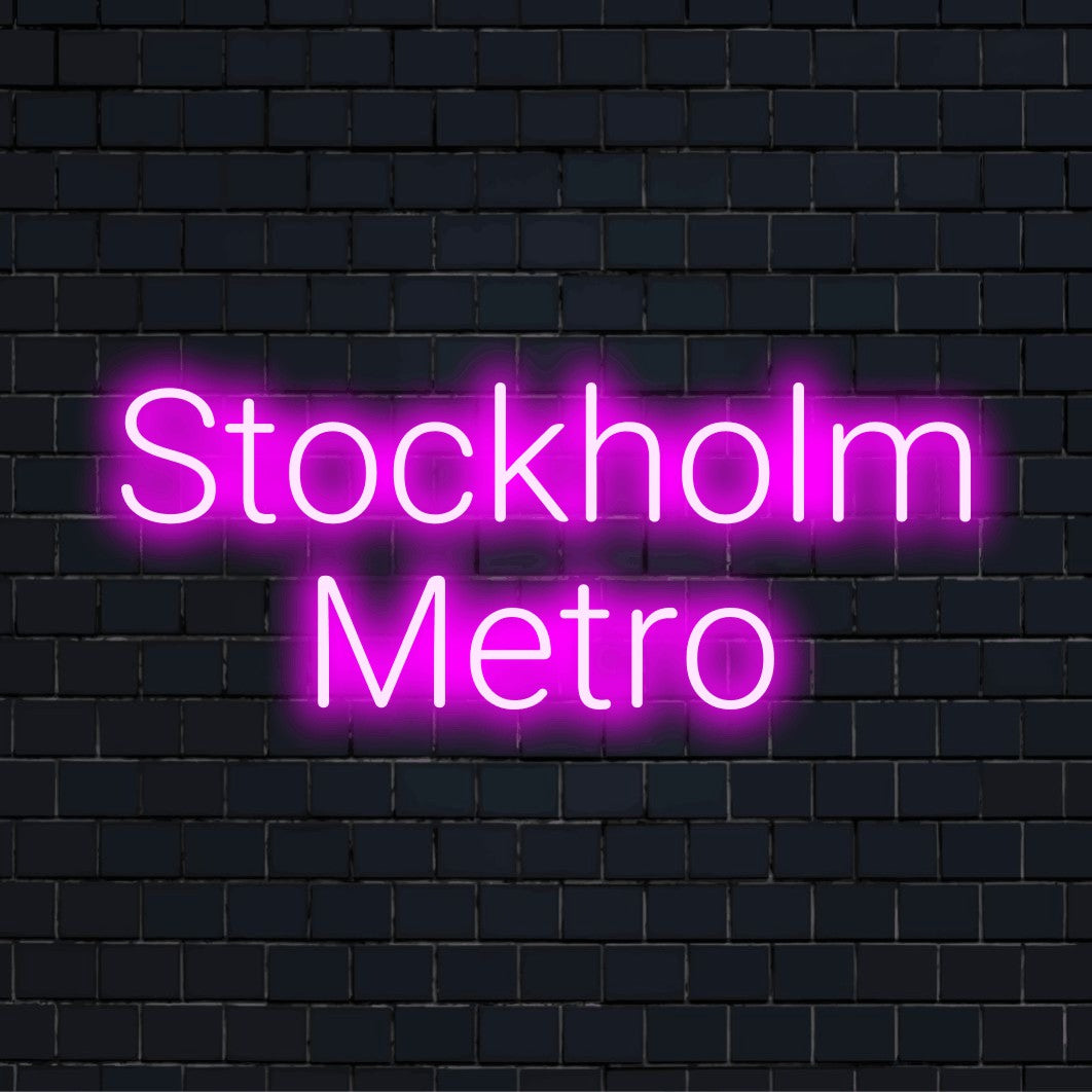 Stockholm Metro Neon Light with glowing neon text on dark brick background