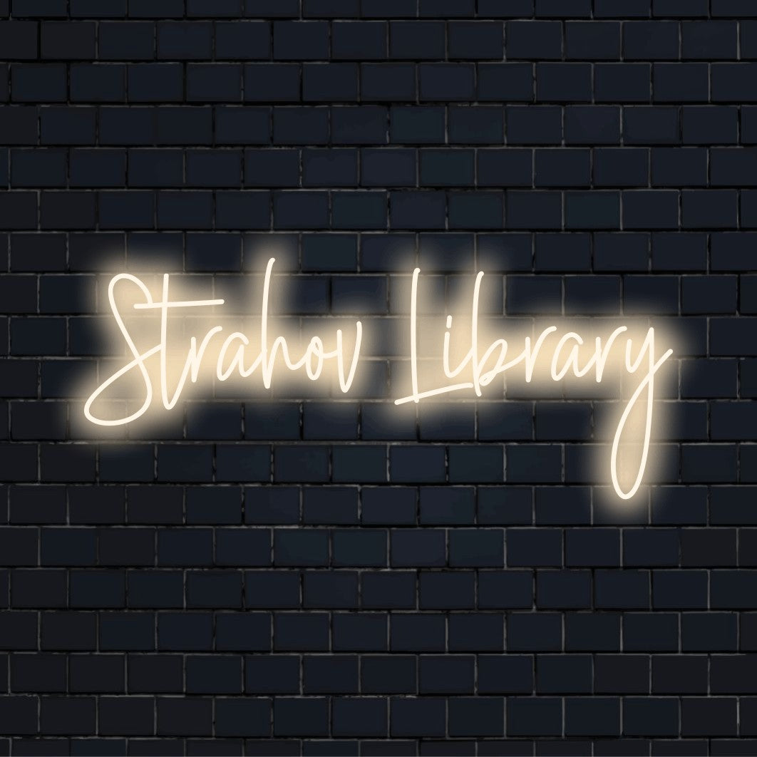 Strahov Library Neon Sign, glowing lettering on black brick background
