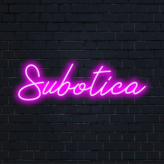 Subotica Neon Sign, bright LED glow on dark brick background