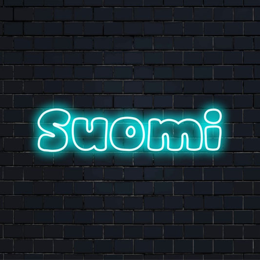 Suomi LED Neon Sign, glowing neon text against black brick wall
