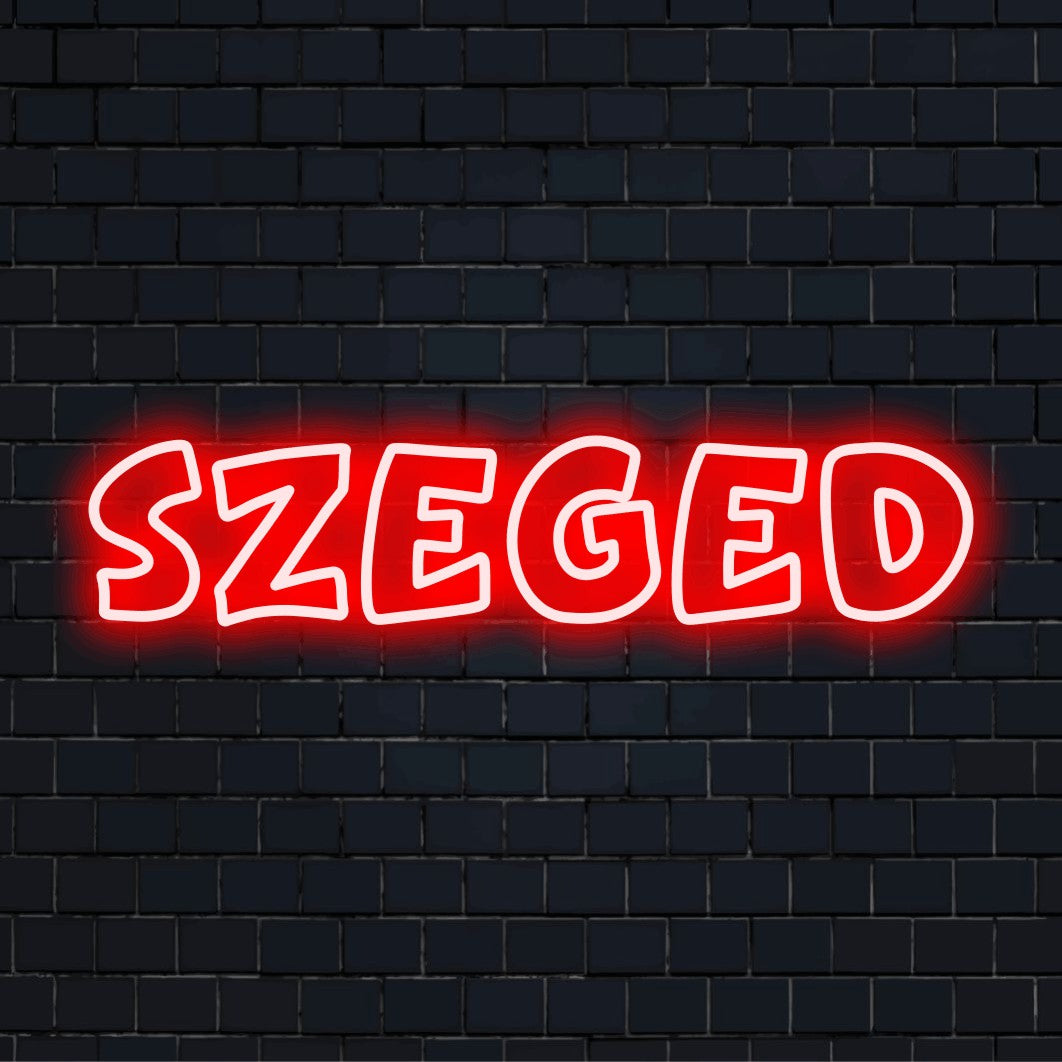 Szeged LED Neon Sign, bright LED glow on dark brick wall