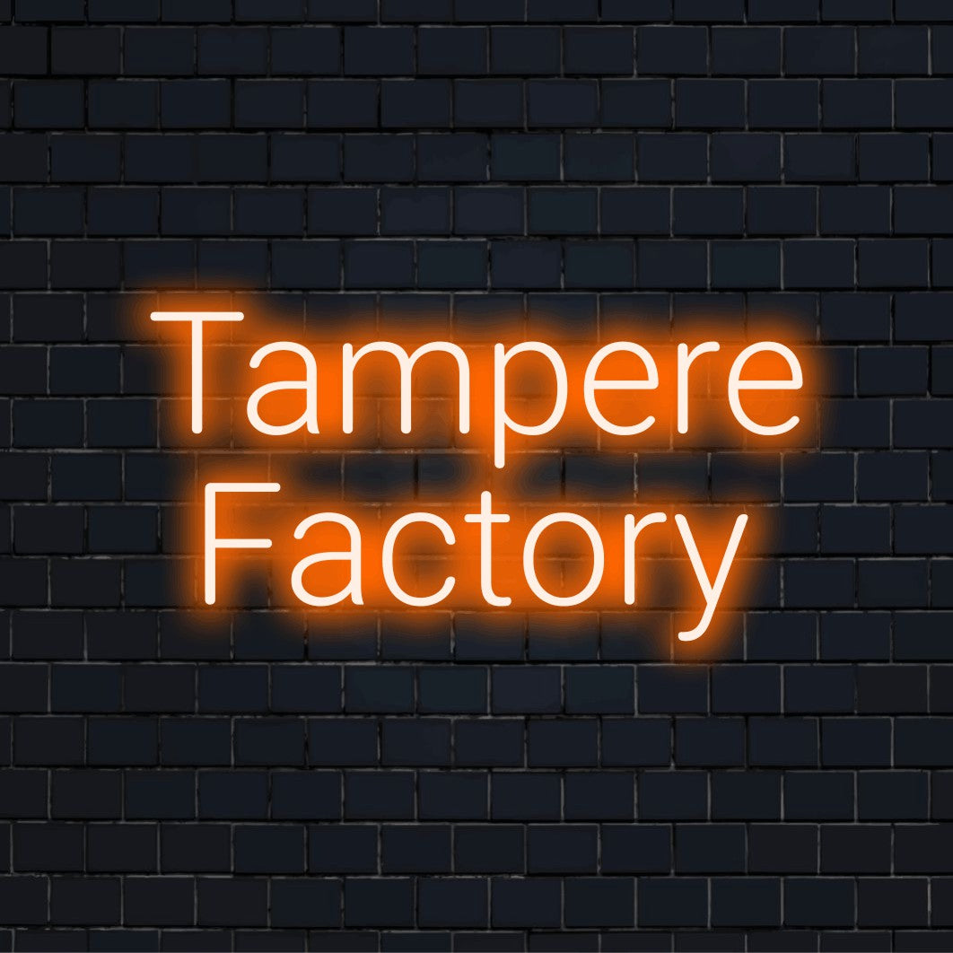 Tampere Factory LED Neon Sign, glowing neon text on dark brick wall