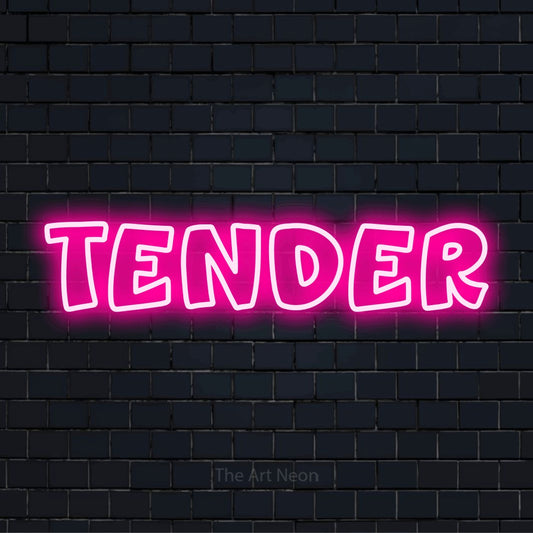 "Tender" neon text design on a black brick wall
