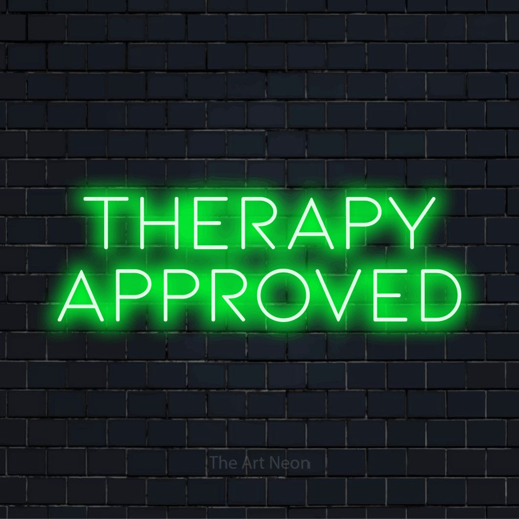"Therapy Approved" text design with neon effect on a black brick wall