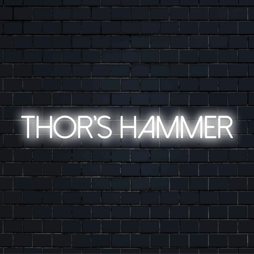 Thor S Hammer Neon Light with glowing wall decor against black brick wall