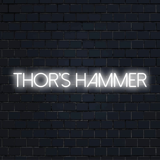 Thor S Hammer Neon Light with glowing wall decor against black brick wall
