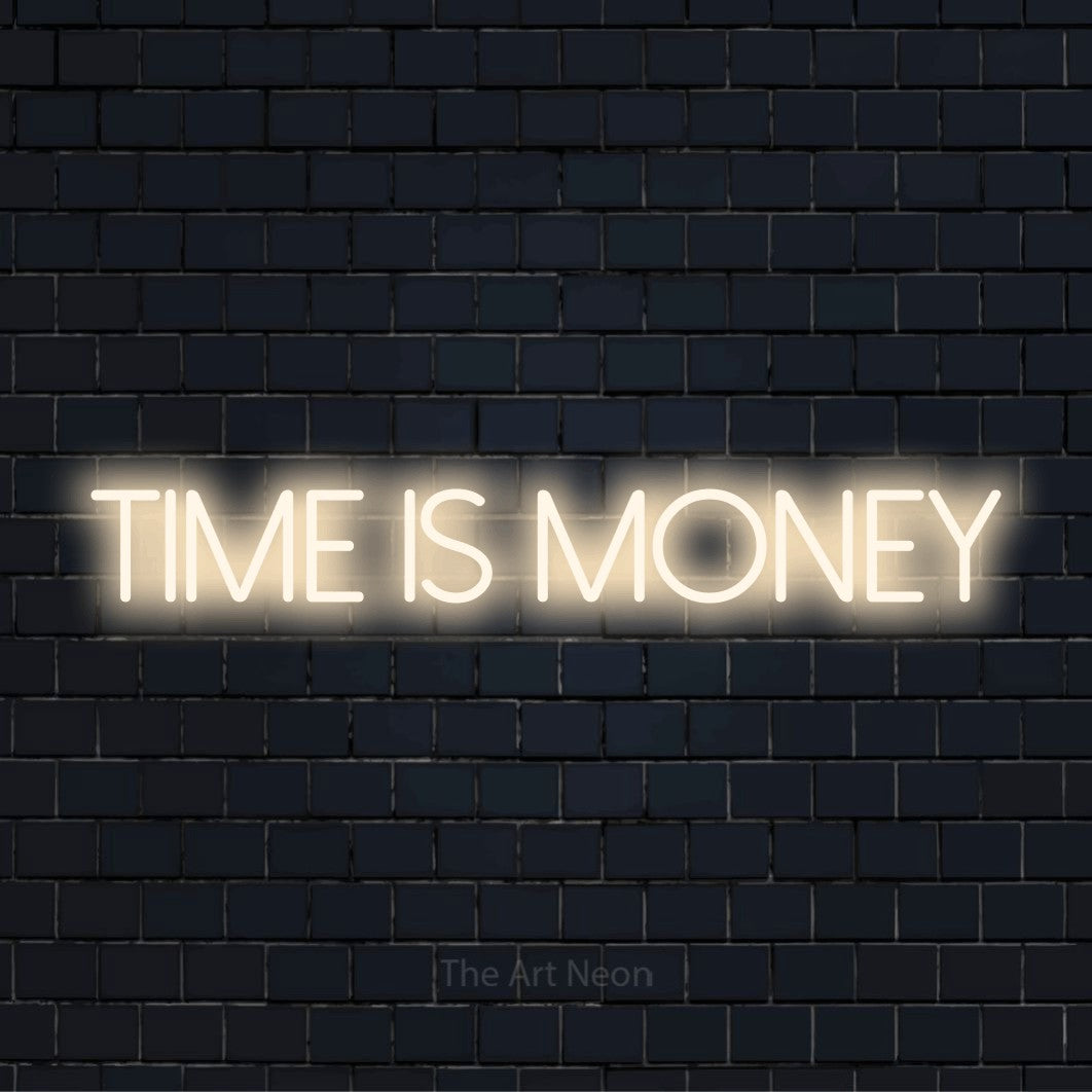 "Time Is Money" script-style LED neon sign on a black brick wall