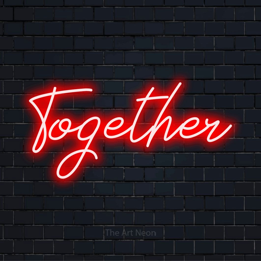 "Together" LED neon sign on a black brick wall