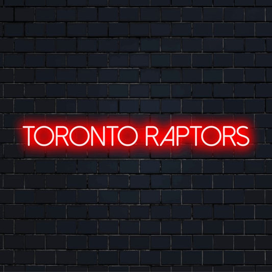 Toronto Raptors Neon Light with glowing neon text against black brick wall