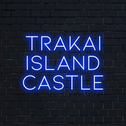 Trakai Island Castle Neon Sign, bright LED glow against black brick wall
