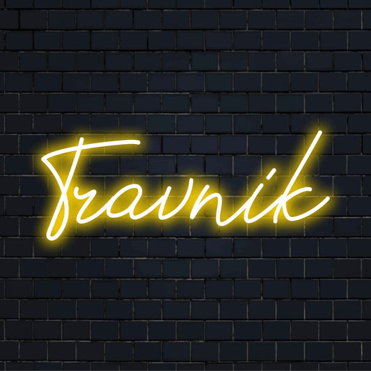 Travnik Neon Light with neon text light against black brick wall