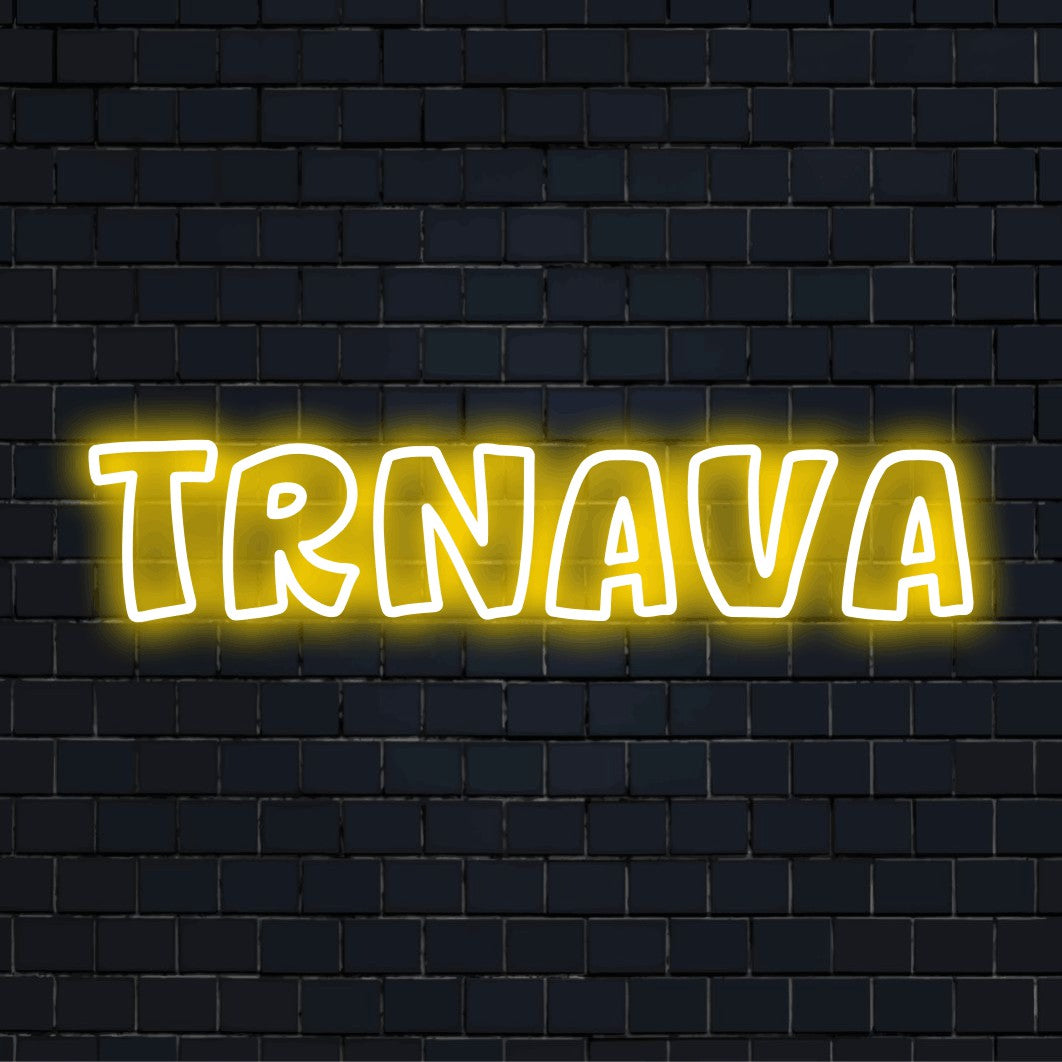 Trnava LED Neon Sign, bright neon glow on dark brick wall