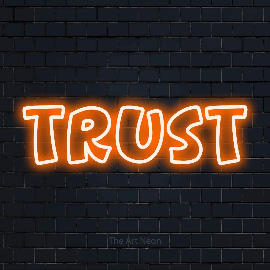 "Trust" neon text design on a black brick wall